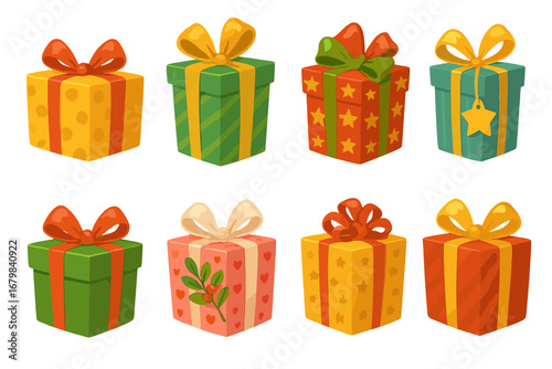 Set of colorful gift boxes. Wrapped presents with bows for holiday celebration like Christmas or a birthday. Vector cartoon illustration icons. Festive surprise packages.