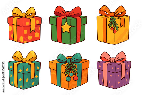 Set of colorful cartoon gift boxes for Christmas, birthday, or holiday celebrations. Vector illustration of presents with ribbons and bows. Isolated festive packages for giving.