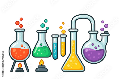 Science lab chemistry experiment with glassware. Chemical reaction in test tube and flask with liquid and bubbles. Vector icon set for research, pharmacy or education concept.