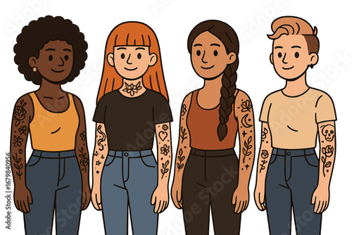 Diverse group of modern tattooed women with unique hairstyles. Multiethnic female friends, empowerment and body positivity concept. Vector cartoon character illustration set.