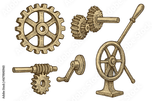 Vintage mechanical gears and cogs set. Steampunk machinery parts illustration. Retro industrial engineering concept. Hand-drawn cogwheel, lever, and crank machine elements.