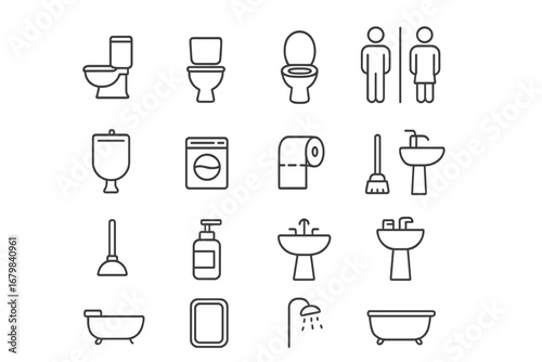 Cartoon toilet icons collection for web, books, cards, apps. Editable stroke outline, clean bathroom fixtures, sanitary objects, transparent background. Vector linear style for commercial use.