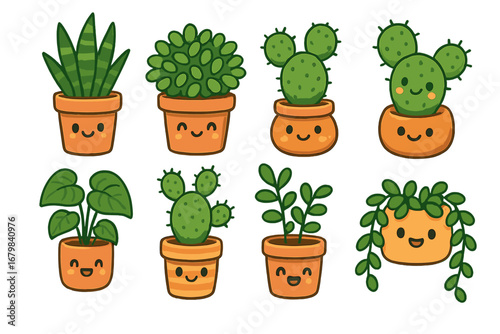 Set of cute kawaii house plants in pots. Happy smiling plant characters collection. Cartoon vector illustration of succulent, cactus, and green leafy houseplants with faces.