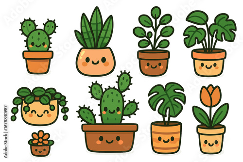 Cute kawaii potted plants characters collection. Cartoon vector set of happy smiling house plants in pots. Includes cactus, succulent, monstera and flower mascots. Isolated icons.