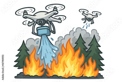 Drones assist in wildfire management, dropping water on a burning forest. Efficient response operation with UAV technology. Firefighting and disaster relief cartoon vector.