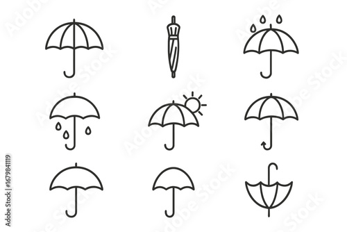 Umbrella line icon set. Vector parasol collection for weather forecast apps and web design. Rain, sun, storm protection symbols. Outline pictogram graphic element pack.