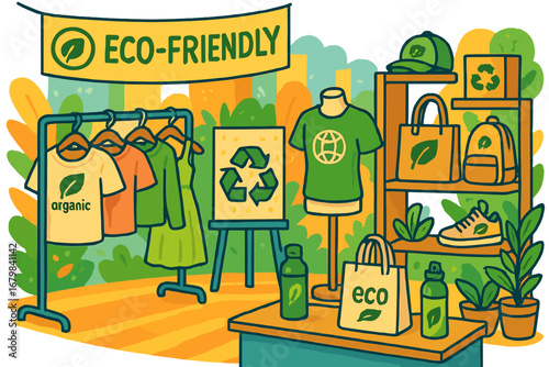 Eco-friendly products at a sustainability fair. Organic clothing and recycled accessories. Concept for slow fashion, green living, ethical shopping, and environmental care.