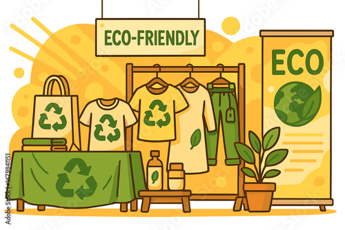 Eco-friendly fashion concept with sustainable clothing at a local fair. Second hand, recycling, and ethical consumerism. Vector cartoon illustration for green living and reuse.