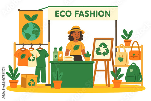 Eco fashion market stall. Sustainable clothing and accessories. Local shop vendor at fair. Green lifestyle concept. Ethical, recycled products. Vector cartoon illustration.