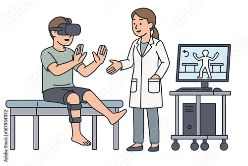 Virtual reality therapy for physical injury rehabilitation. Patient with VR headset and doctor in clinic. Medical technology for physiotherapy and recovery. Immersive healthcare.