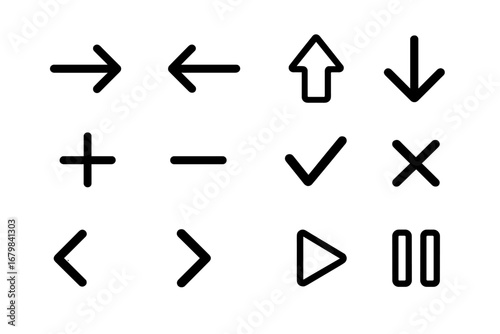 Simple line icon set for web and mobile app design. UI UX interface elements. Vector collection of arrows, plus, minus, check mark, cross, play, pause and navigation symbols.