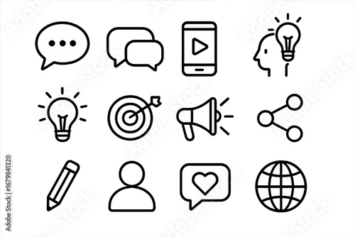Communication and creativity line icon set. Social media marketing, innovation, and business strategy icons. Idea, target, share, user, chat, and like symbols collection.