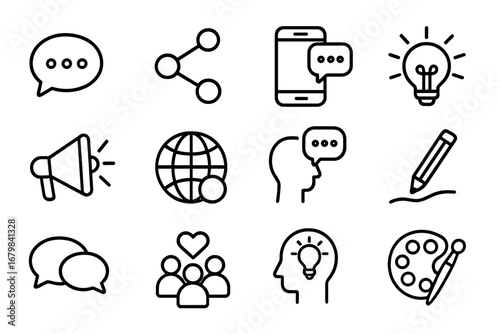 Communication and creativity line icon set. Social media marketing, innovation, and idea symbols. Vector collection for business, community, and creative process concepts.