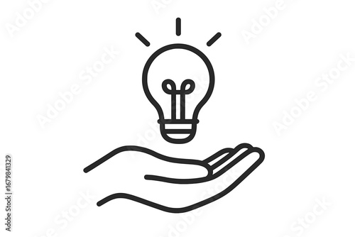 Hand holding light bulb icon. Concept of idea, innovation, creativity, and inspiration. Metaphor for new business, startup, solution, invention, knowledge and giving support.
