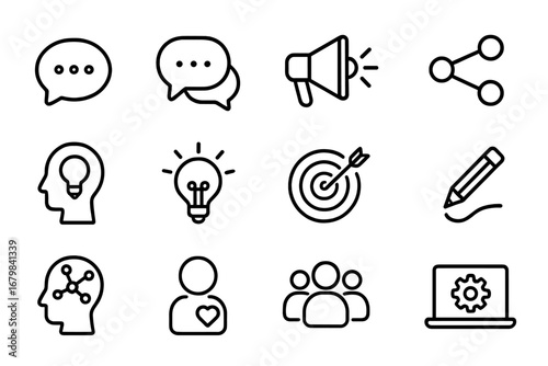 Communication and creativity line icon set. Business strategy, social media marketing, innovation and idea generation icons. Teamwork, goal, and user engagement symbols.