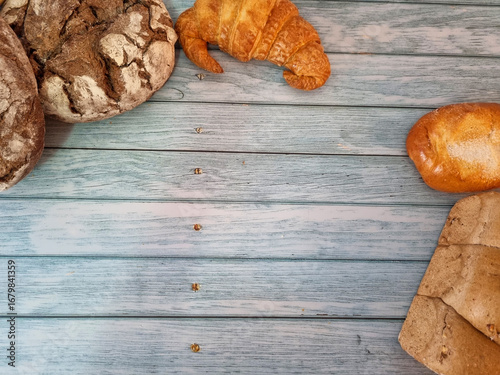 Composition of pastries and bakery products on a wooden board