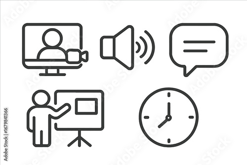 Communication and meeting vector line icon set. Webinar, presentation, video call, chat bubble, speaker, and clock pictogram. Business and corporate communication concept.