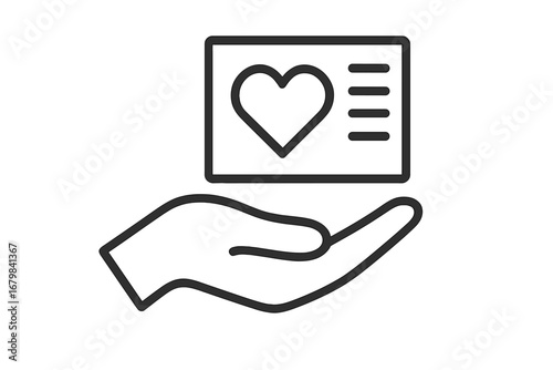 Hand giving card with heart. Concept of charity, donation, help, and support. Outline vector icon for health care, volunteering, gift, loyalty card. Linear sign of love.