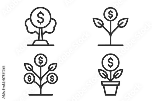 Money tree icon set for financial growth and investment. Vector outline symbols of growing plant with dollar coins. Concept for business profit, savings, and wealth.