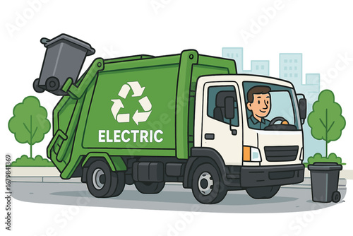 Electric garbage truck collecting waste. Vector illustration of a sanitation vehicle for waste management. Eco-friendly transport with recycling symbol for clean energy concept.