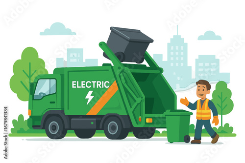 Electric garbage truck collecting waste in a clean city. Vector illustration of a sanitation worker and vehicle. Concept for recycling, ecology, and urban waste management.