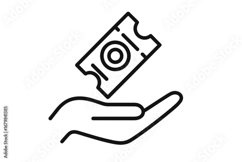 Hand holding ticket for cinema or theatre event. Minimalistic outline icon for web and graphic design. Concept for admission, pass, entry, booking or buying a movie ticket.