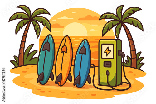 Electric surfboards at a charging station on a tropical beach with palm trees during sunset. E-surf, hydrofoil watersport concept. Future of eco friendly energy and summer vacation.