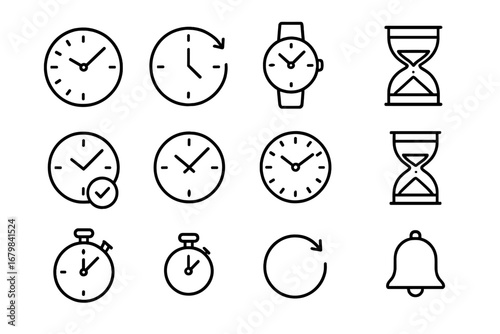 Time and clock line icon collection. Simple outline vector icons of watch, hourglass, stopwatch, timer, and alarm bell. Time management, deadline, history concepts. Editable stroke.