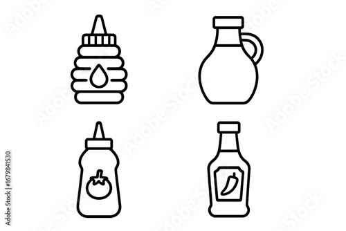 Sauce and condiment bottle line icon set. Ketchup, mustard, hot sauce and oil dispenser linear icons. Vector graphic illustration for food, restaurant and grocery concepts.