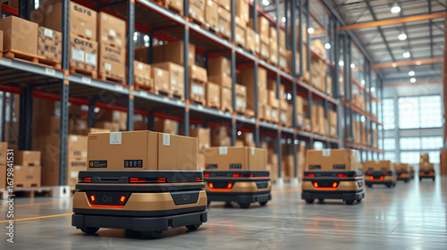 Warehouse Digitization and Digital Automation: AGV robots transporting cardboard boxes in logistics center. Graphic effects visualize optimized warehouse management. 3d rendering animation.