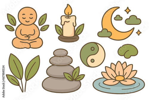 Zen meditation and relaxation symbol set. Vector collection of spiritual icons like Buddha, lotus flower, yin yang, and calming stones for mindfulness, harmony, and balance.