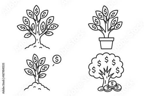 Money tree line icon set. Financial growth and investment concept. Vector illustration of wealth, profit, savings, and currency. Editable stroke for business design.