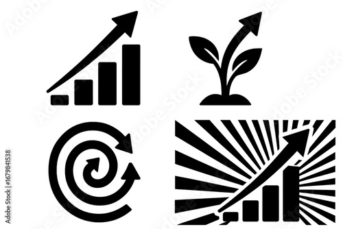 Set of business growth icons. Bar chart with arrow up, growing plant sprout, spiral process arrows. Vector symbols for success, finance, development, startup, and progress.