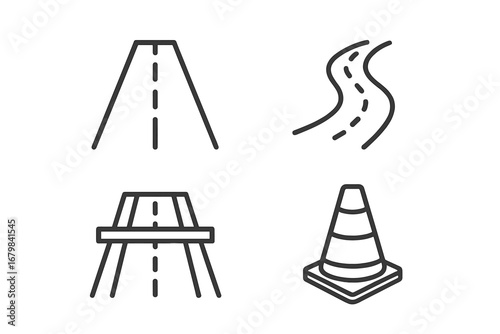 Road and highway line icon set. Traffic management symbols. Vector outline collection for transport, street, route, and navigation. Includes traffic cone, overpass and winding path.