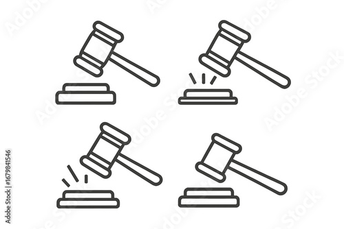 Judge gavel and sound block line icon set. Justice, law, and auction hammer symbol collection. Editable stroke vector for legal court, verdict, judgment, and legislation.