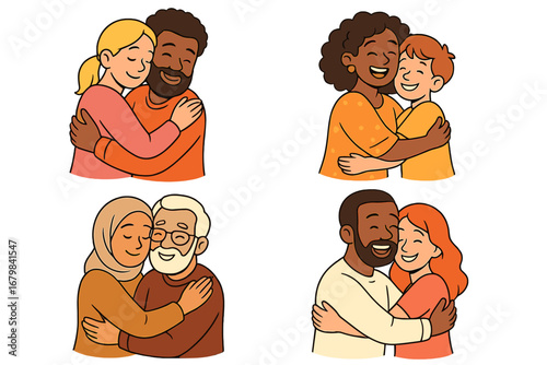 A diverse set of people hugging. Vector cartoon illustrations of interracial couples, a mother and son, and an elderly Muslim pair embracing with joy, love, and connection.