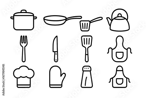Cooking essentials outline icon set. Kitchen utensil and tool line art collection. Vector graphic with pot, pan, spatula, knife, fork, chef hat, apron, and kettle icons.