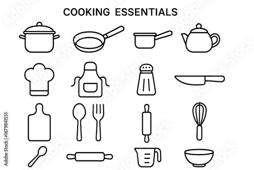 Cooking essentials outline icon set. Kitchen utensil and tools line art collection. Vector illustration for culinary, restaurant menu, recipe book, foodie blog and web design.