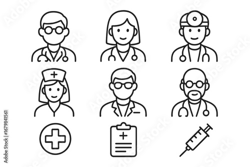 Medical staff vector line icon set. Doctor, nurse, surgeon, and physician user avatars. Healthcare symbols: syringe, clipboard, cross for hospital, clinic, and mobile app UI design.