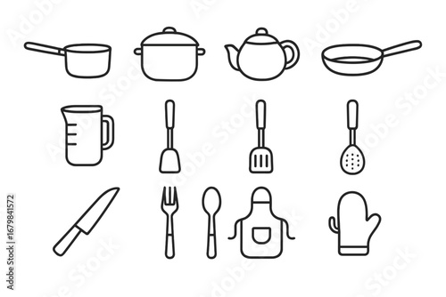 Vector cooking essentials icon set with kitchen utensils. Outline illustration collection of cookware like pot, pan, spatula, spoon, knife, fork, apron, and oven glove.