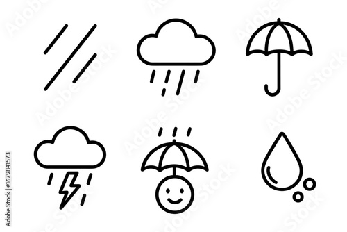 Rain weather icons set, modern outline cartoon vector illustration, rainy day design elements, transparent background, social network app graphic resources, storm, water drops, cloud shapes
