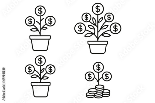 Money tree line icon set. Financial growth and investment concept. Plant with dollar coins. Metaphor for business success, profit, savings, income, and wealth creation.
