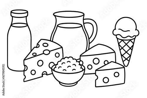 Dairy products vector illustration set. Milk in bottle and jug, variety of cheese, cottage cheese, ice cream cone. Farm fresh food. Healthy nutrition concept. Simple outline icons.