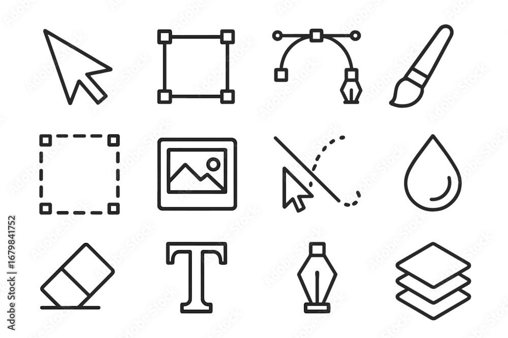 Graphic design line icon set. Digital editing and vector tools collection. UI, UX elements for web and app interface. Includes cursor, pen, brush, and layers symbols.