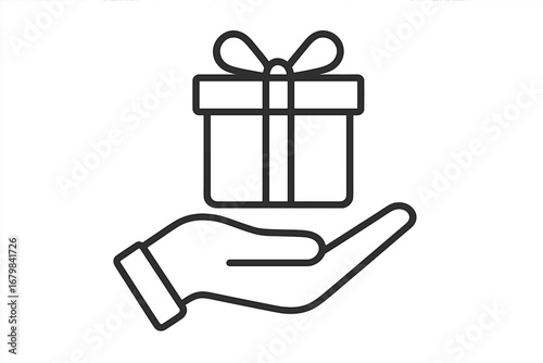 Hand giving a gift box with a bow. Vector line icon for concepts like present, bonus, reward, loyalty program, donation, charity, and surprise. Isolated illustration.