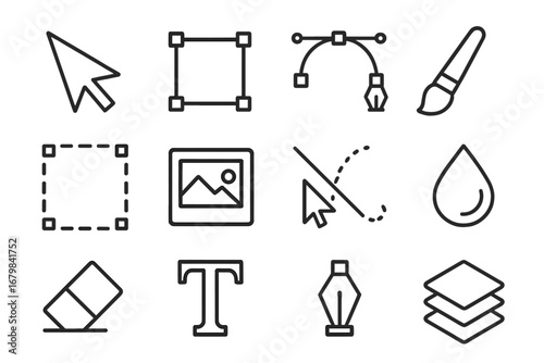 Graphic design line icon set. Digital editing and vector tools collection. UI, UX elements for web and app interface. Includes cursor, pen, brush, and layers symbols.