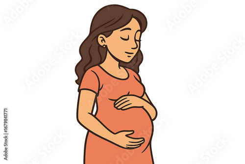 Serene pregnant woman tenderly holding her belly. Motherhood, maternity, love and care concept. Cartoon vector illustration of a happy mother-to-be expecting a new baby.