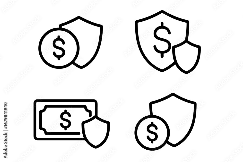 Money protection shield outline icon set. Financial security and insurance concept. Secure payment and investment safety symbol. Vector line art illustration with editable stroke. Money protection shield outline icon set. Financial security and insurance concept. Secure payment and investment safety symbol. Vector line art illustration with editable stroke.