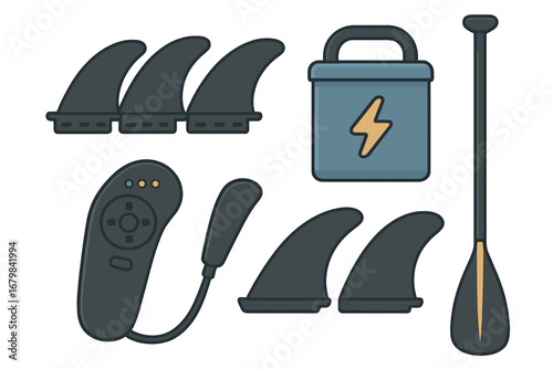 Electric surfboard gear set with controller, battery, and fins. E-foil and stand up paddle board accessories. Watersport equipment icons for surfing. Vector illustration.