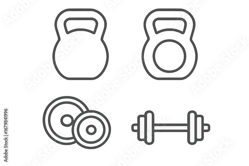 Kettlebell, dumbbell, and weight plate icon set. Simple thin line art symbols for fitness, gym, and workout. Vector pictogram collection for exercise and strength training.